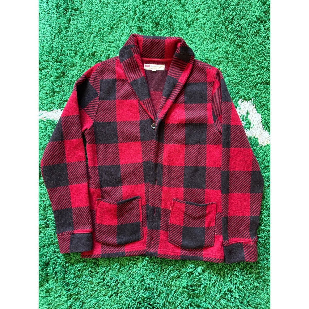 Levi's Buffalo Plaid Cardigan Mens M Red Black Excellent Shawl Collar‎ Knit